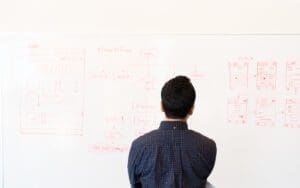 person looking at a white board